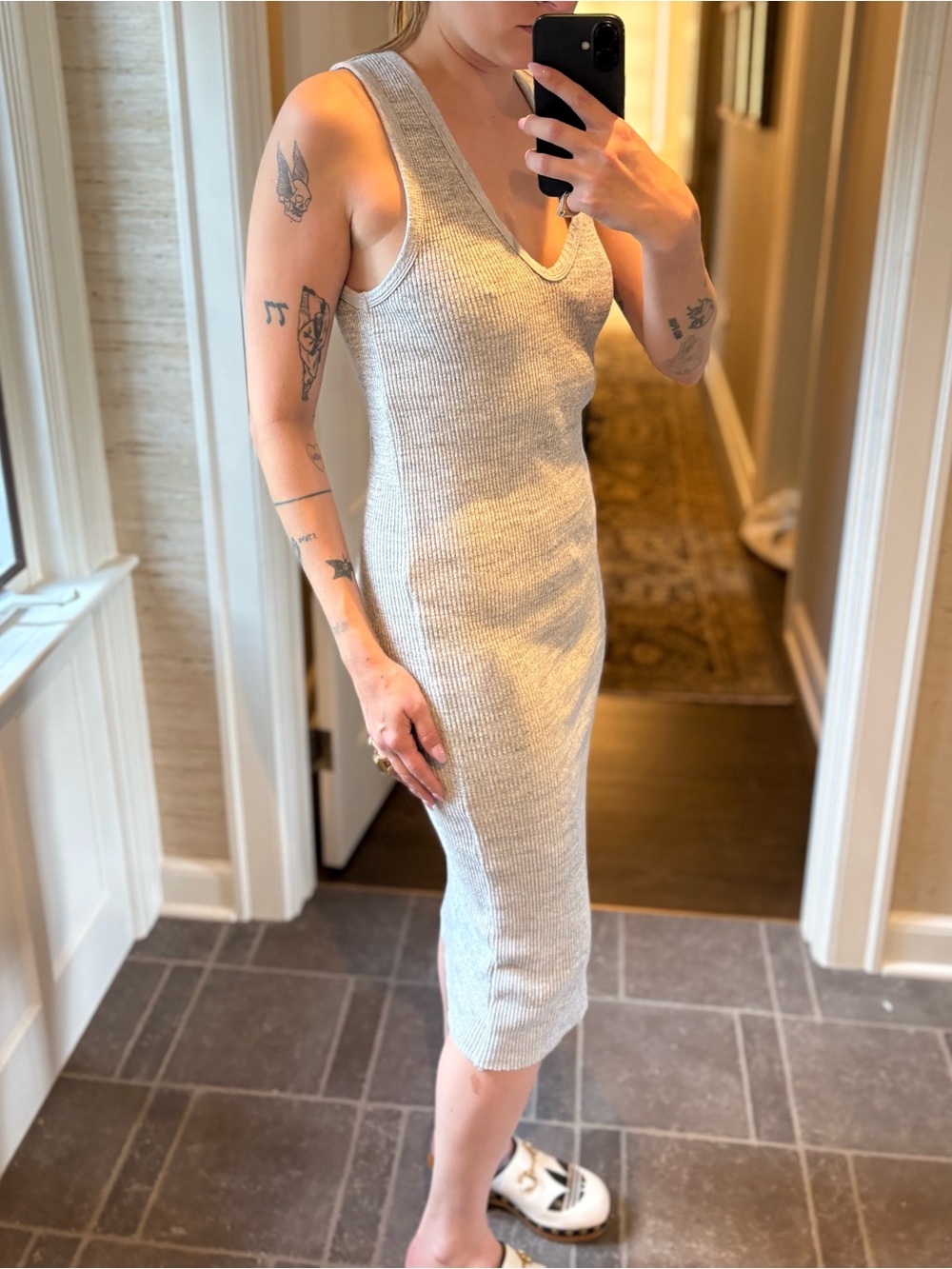 James Perse Sleeveless V-Neck Knit Midi Dress in Light Gray